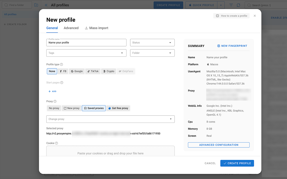 Fenêtre New profile de Dolphin Anty avec un proxy enregistré sélectionné